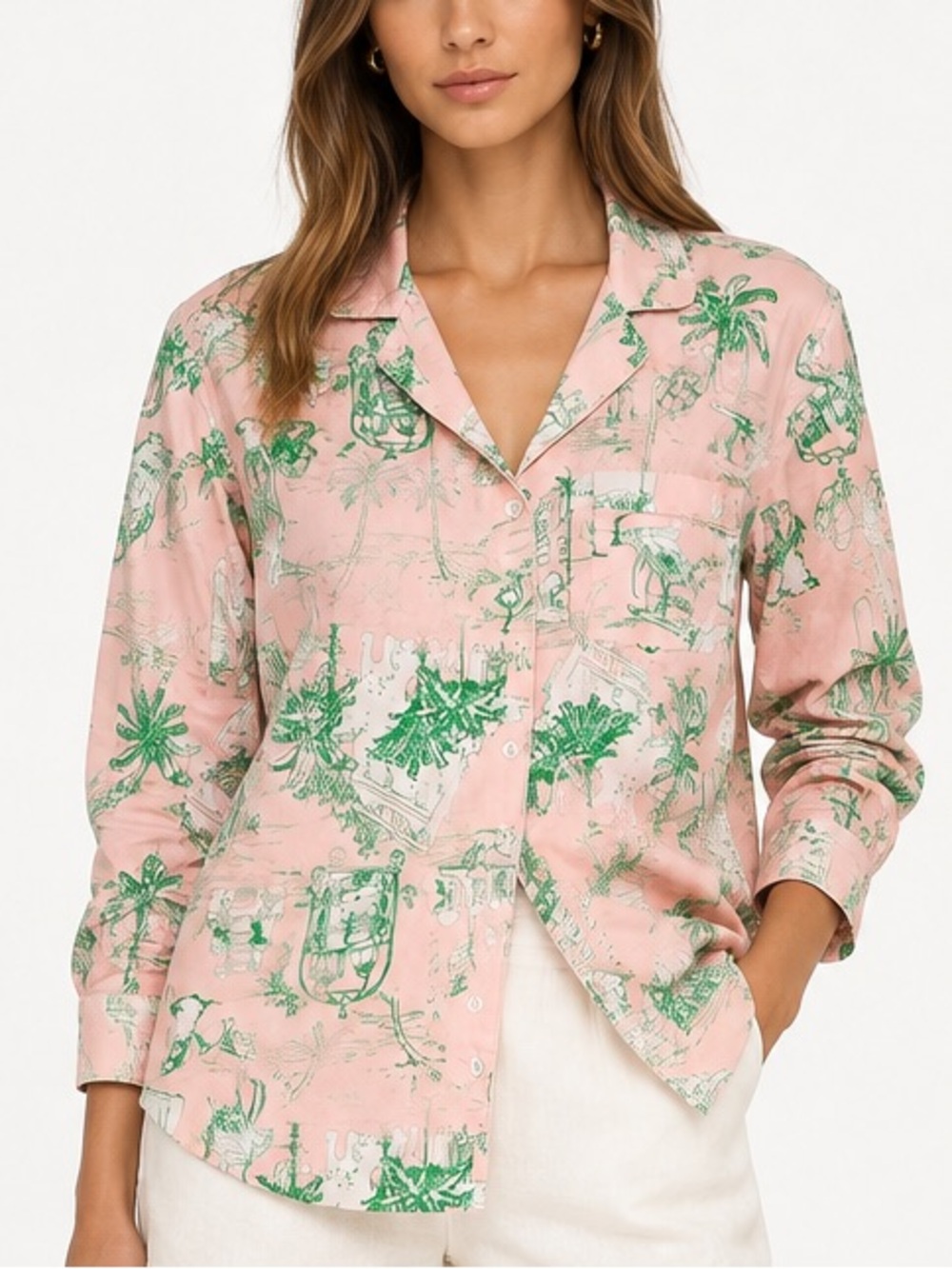 8 Oak Lane Tropical Toile Print Cotton Button Down Shirt pj top